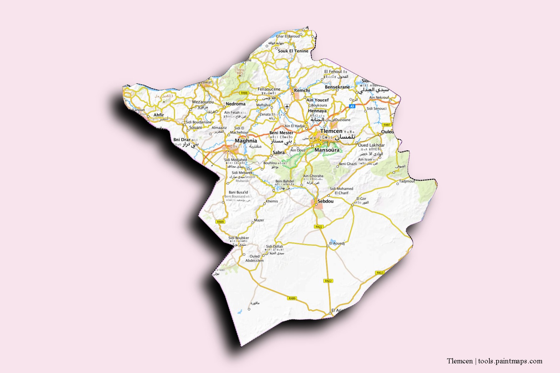 Mapa de Tlemcen y sus distritos con efecto de sombra 3D