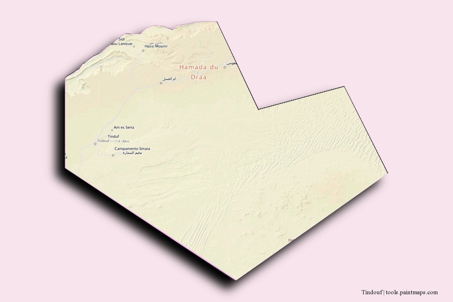 Mapa de Tindouf y sus distritos con efecto de sombra 3D