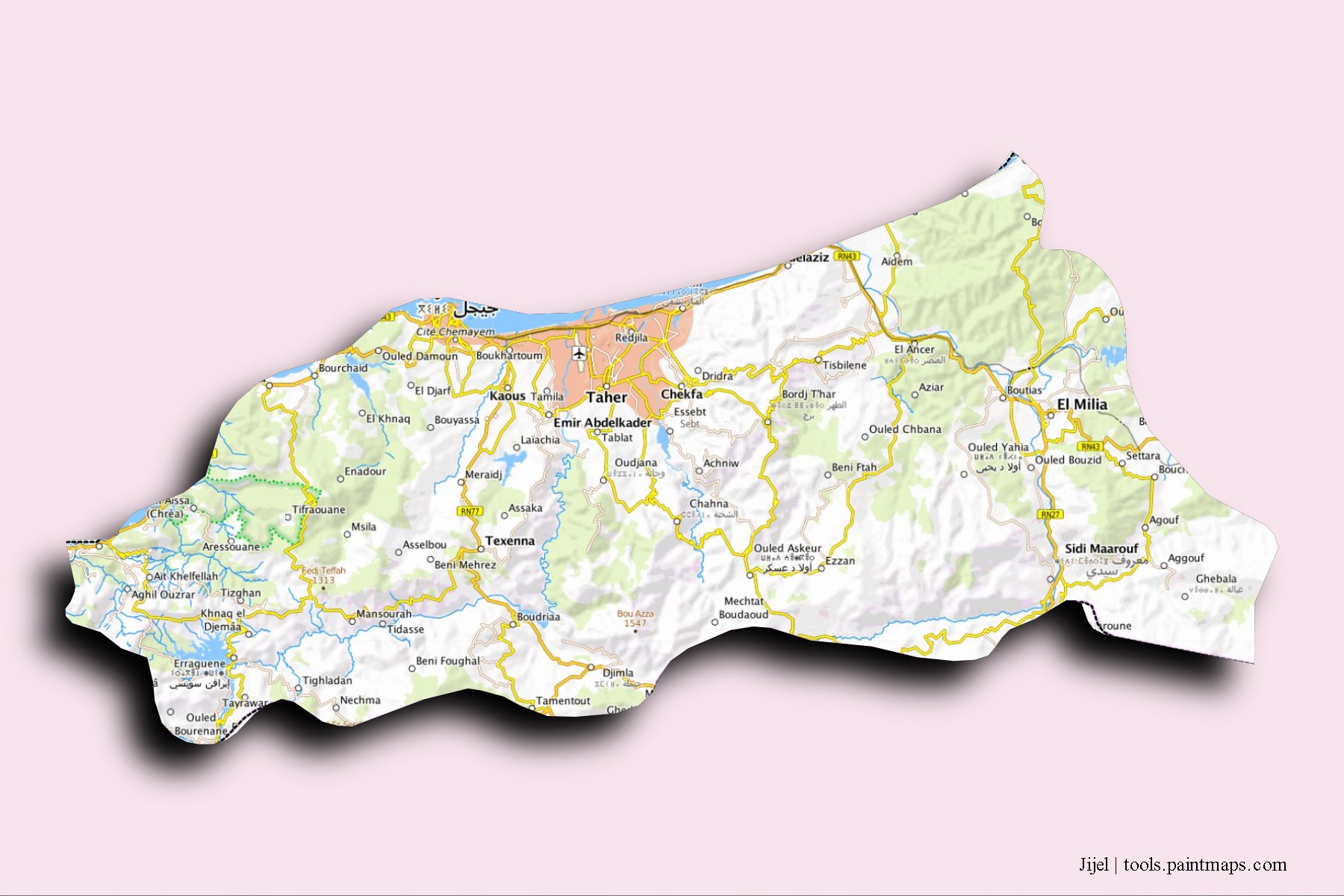 Mapa de Jijel y sus distritos con efecto de sombra 3D