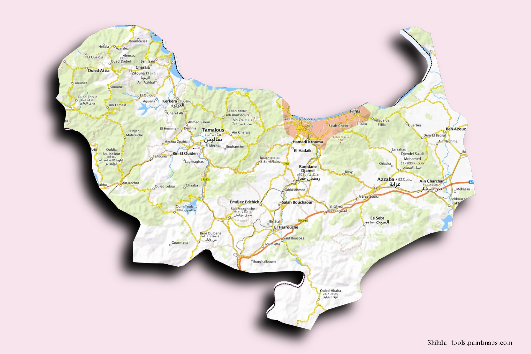 Mapa de Skikda y sus distritos con efecto de sombra 3D