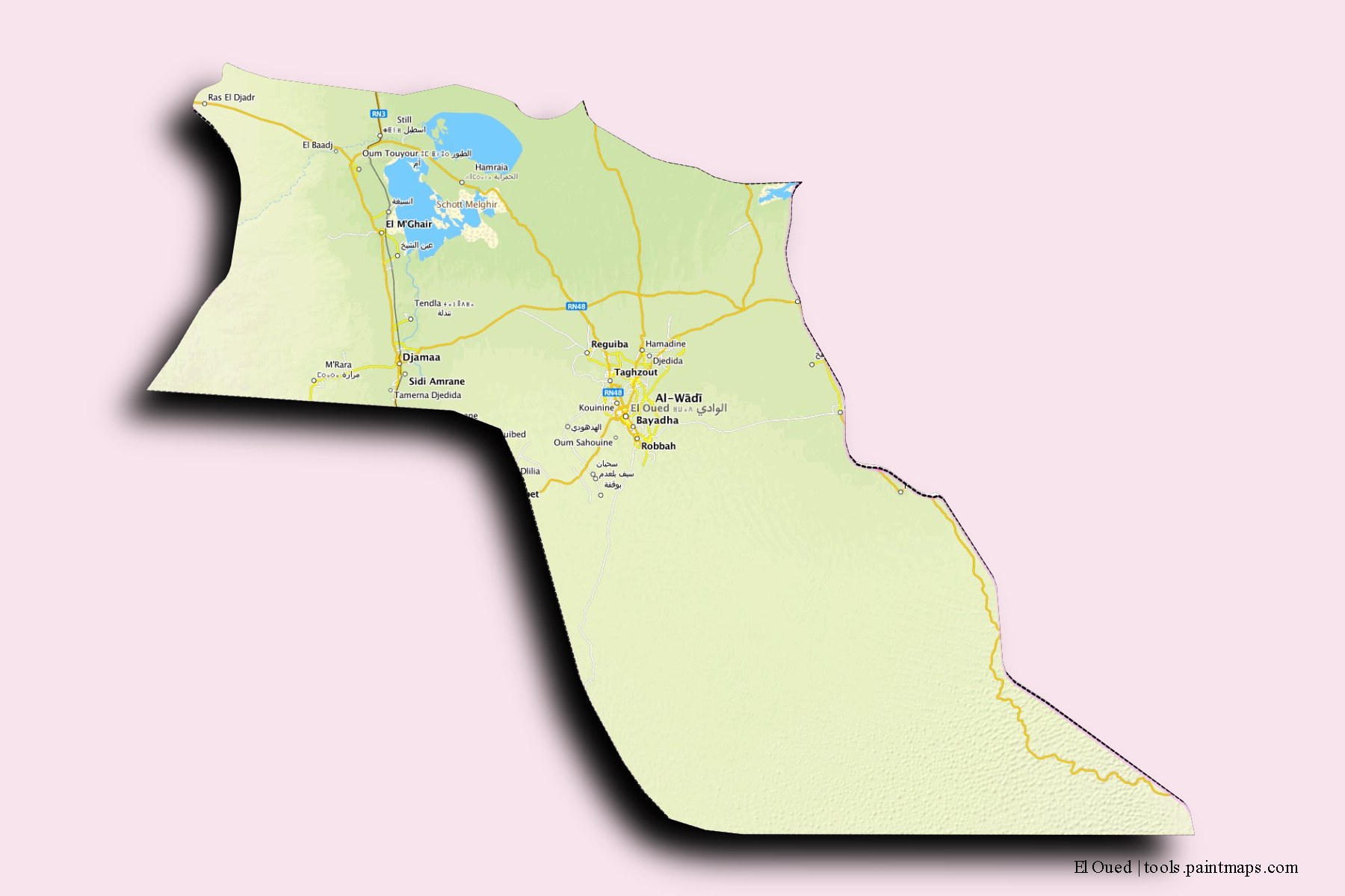 Mapa de El Oued y sus distritos con efecto de sombra 3D