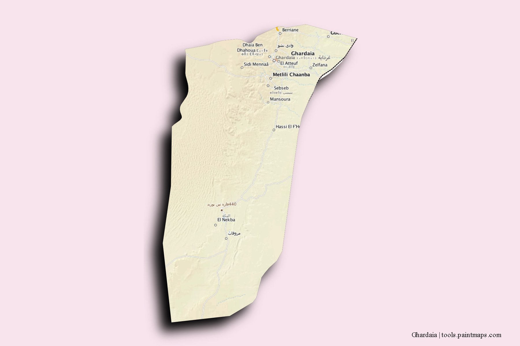 Mapa de Ghardaia y sus distritos con efecto de sombra 3D