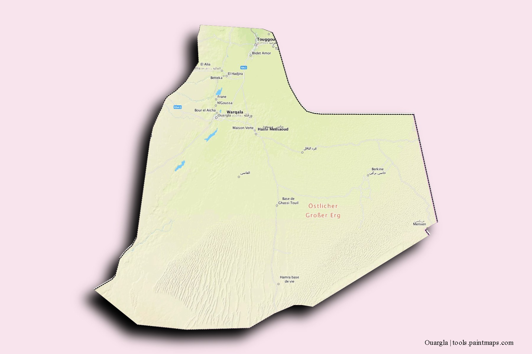 Mapa de Ouargla y sus distritos con efecto de sombra 3D