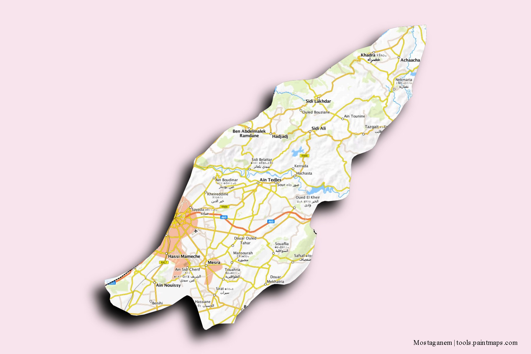 Mostaganem and counties map with 3D shadow effect