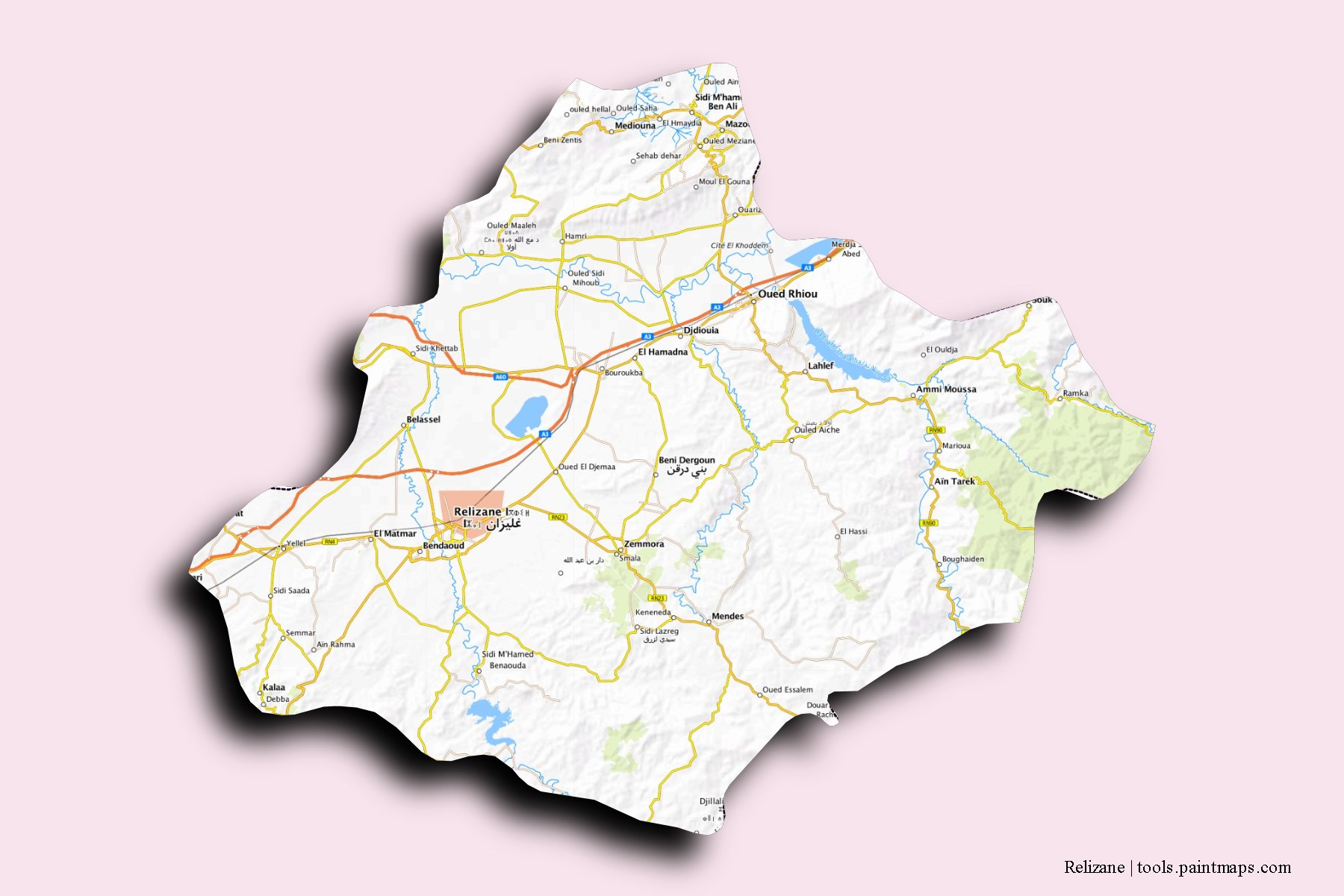 Mapa de Relizane y sus distritos con efecto de sombra 3D