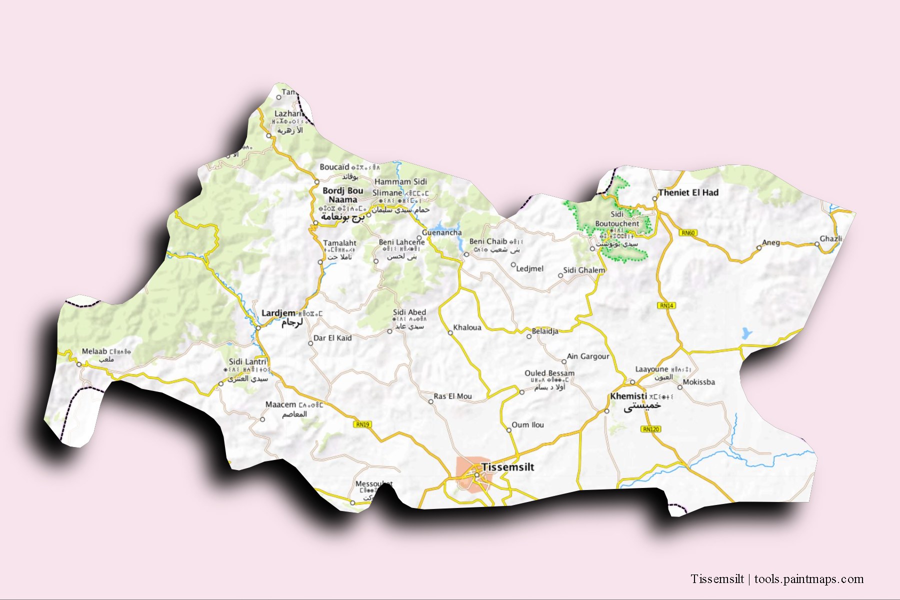 Tissemsilt and counties map with 3D shadow effect