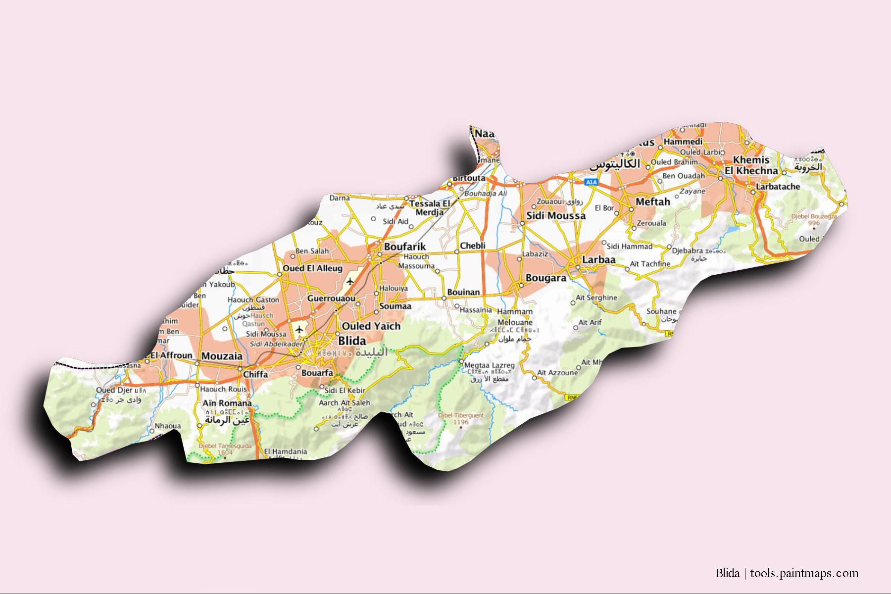 Mapa de Blida y sus distritos con efecto de sombra 3D