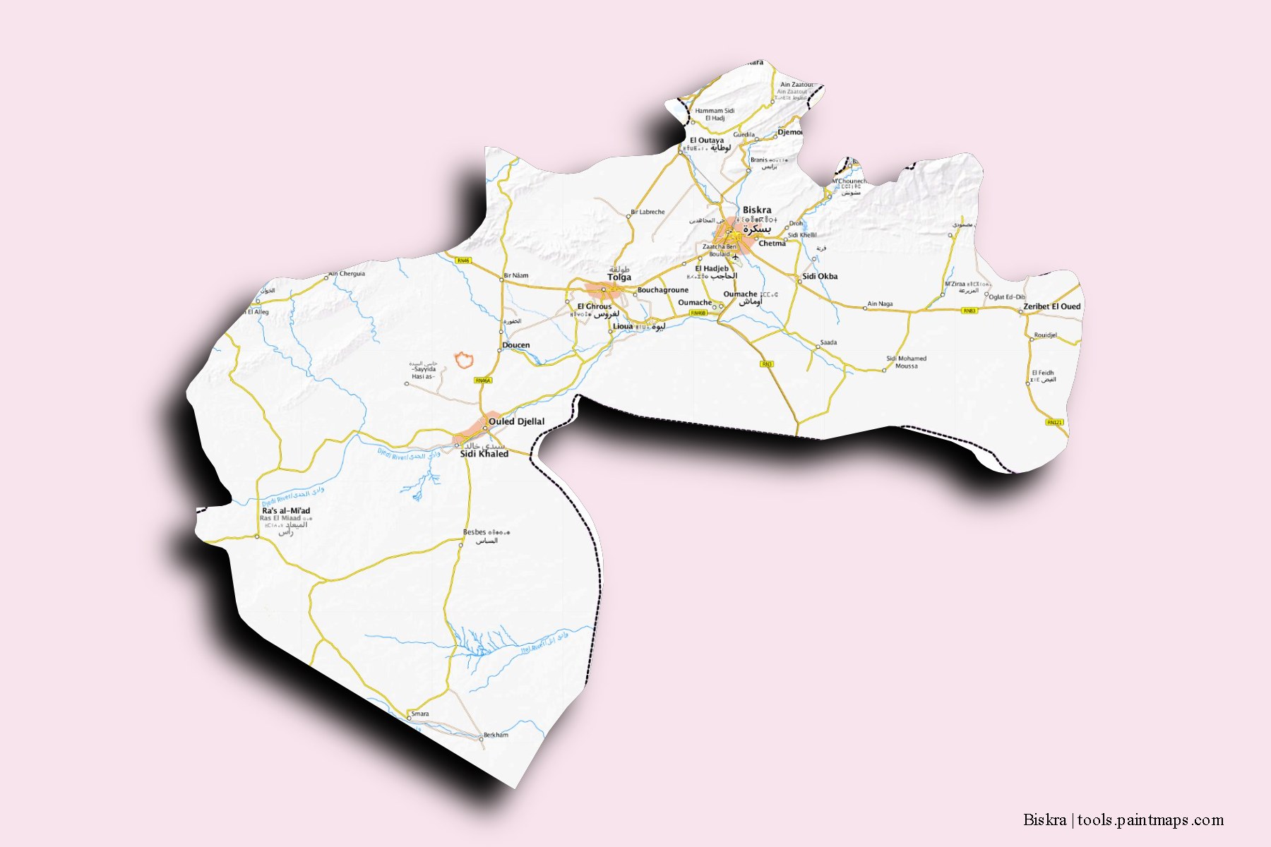 Mapa de Biskra y sus distritos con efecto de sombra 3D