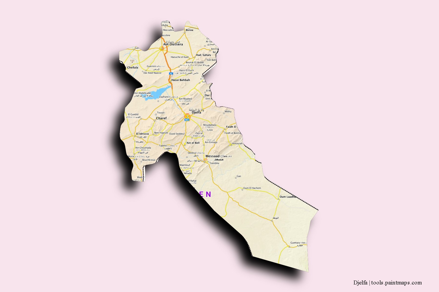 Mapa de Djelfa y sus distritos con efecto de sombra 3D