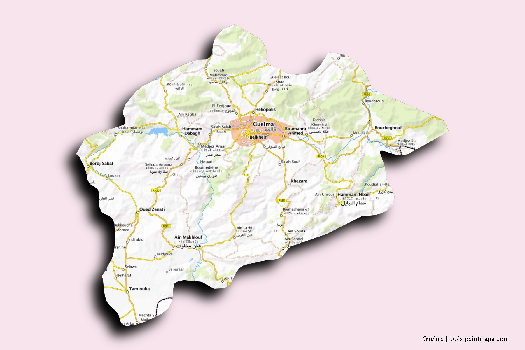 Mapa de Guelma y sus distritos con efecto de sombra 3D