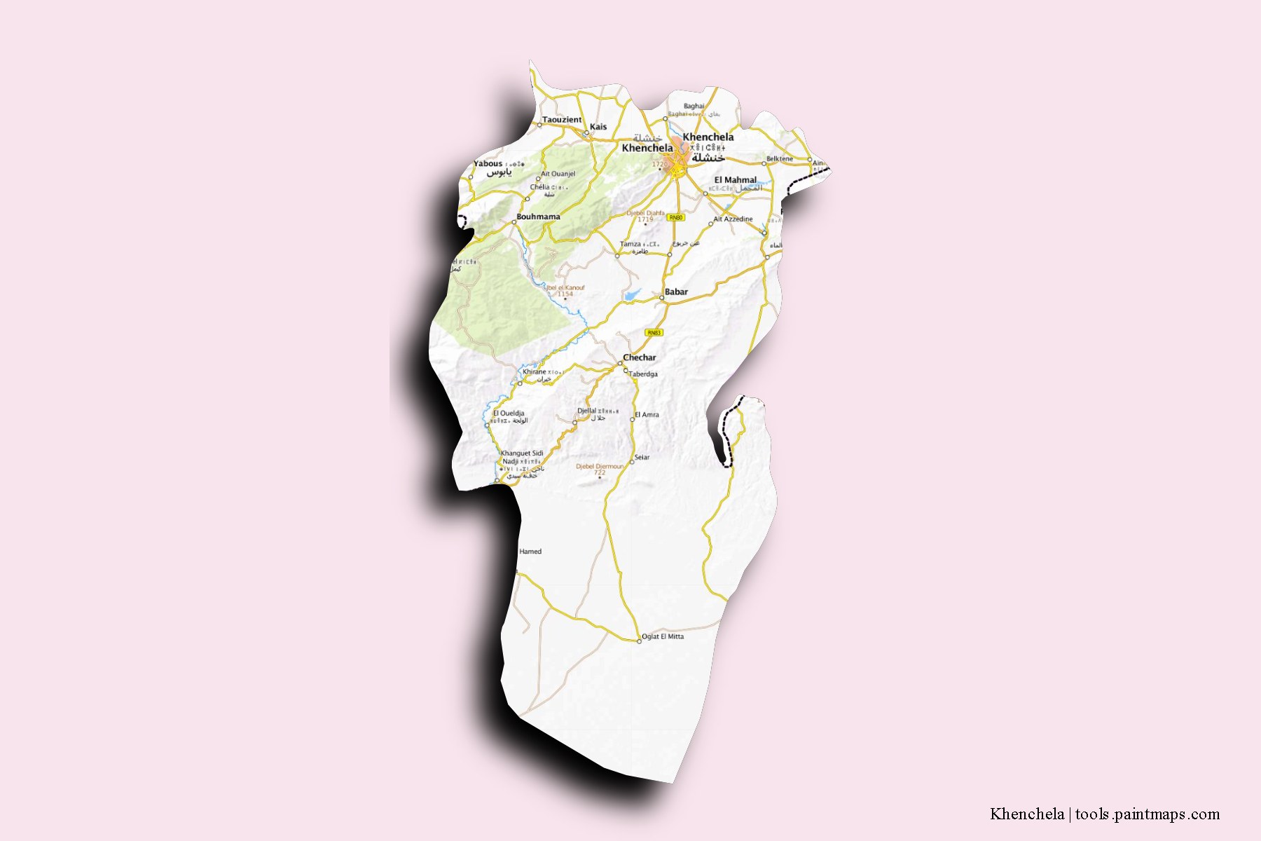 Khenchela and counties map with 3D shadow effect