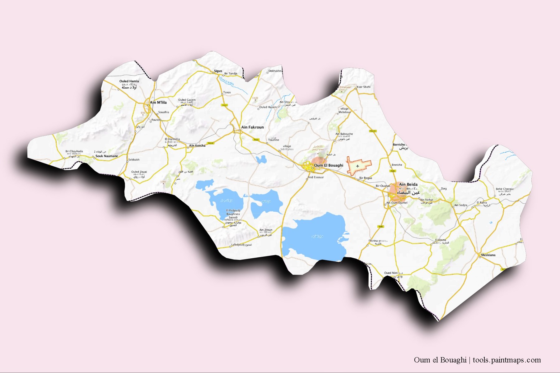 Mapa de Oum el Bouaghi y sus distritos con efecto de sombra 3D