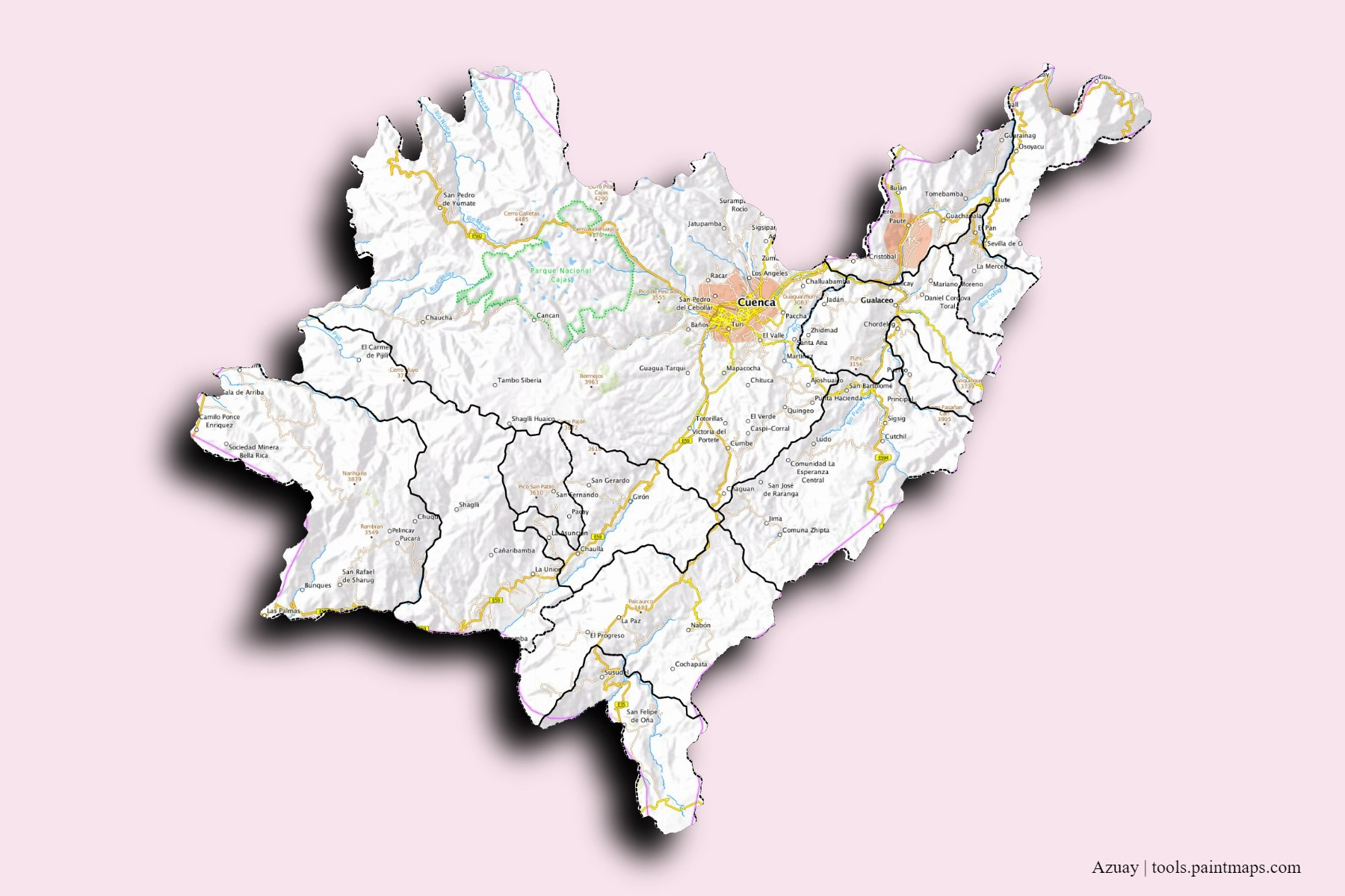 Mapa de Azuay y sus distritos con efecto de sombra 3D