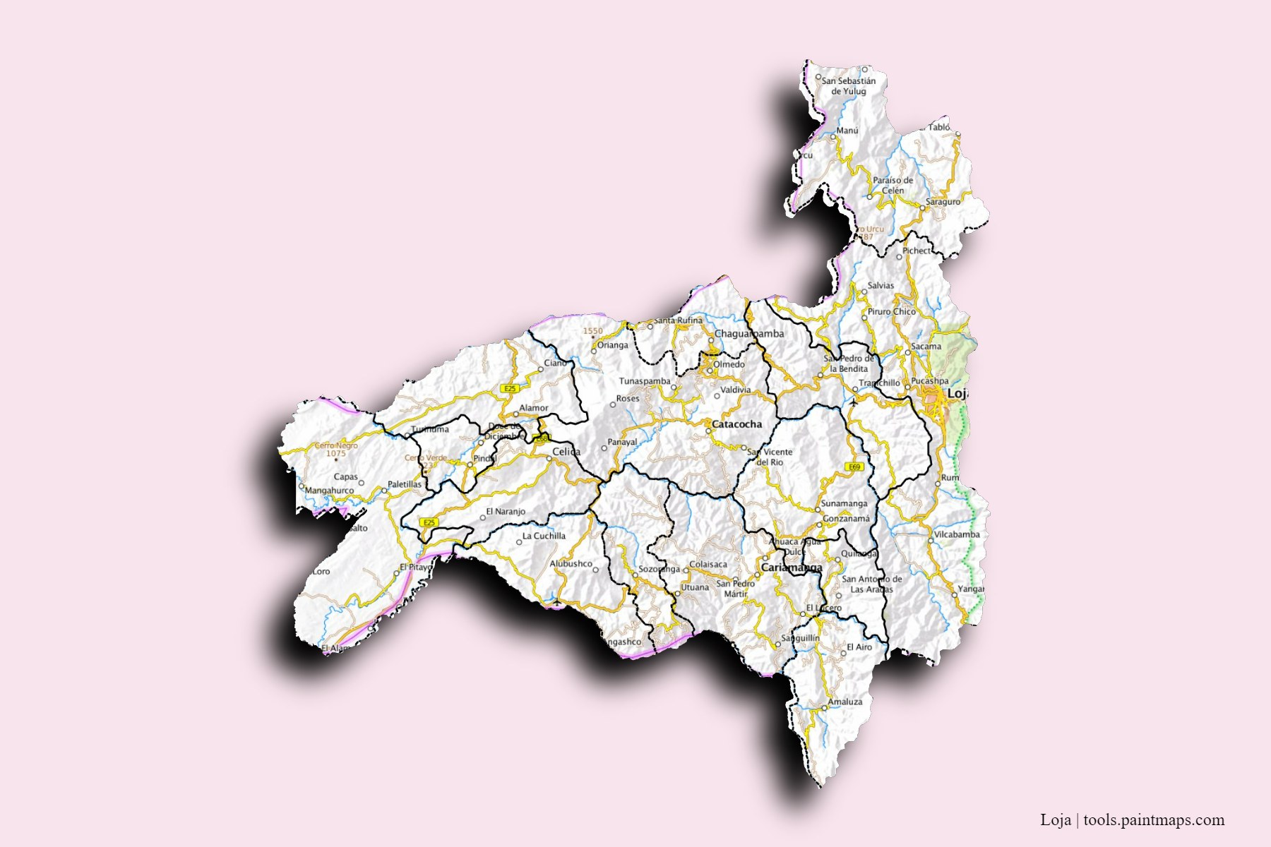 Loja and counties map with 3D shadow effect