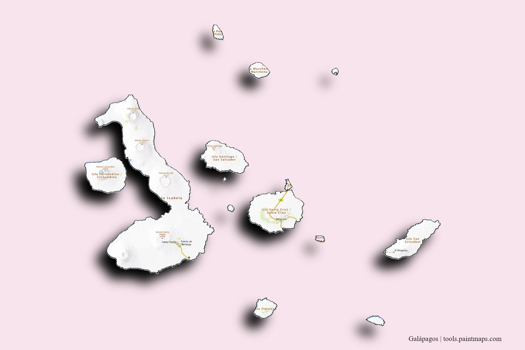 Mapa de Galápagos y sus distritos con efecto de sombra 3D