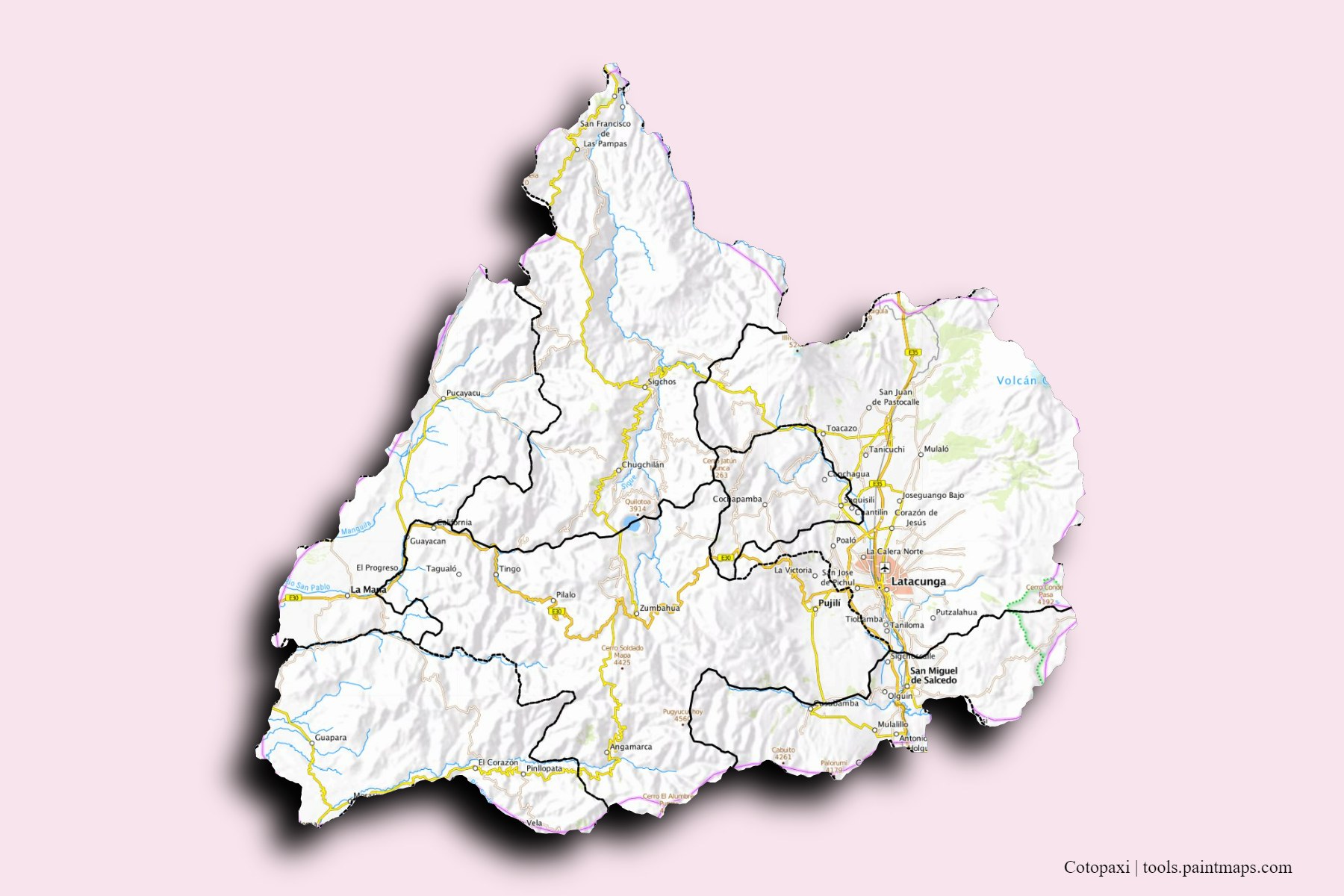 Cotopaxi and counties map with 3D shadow effect