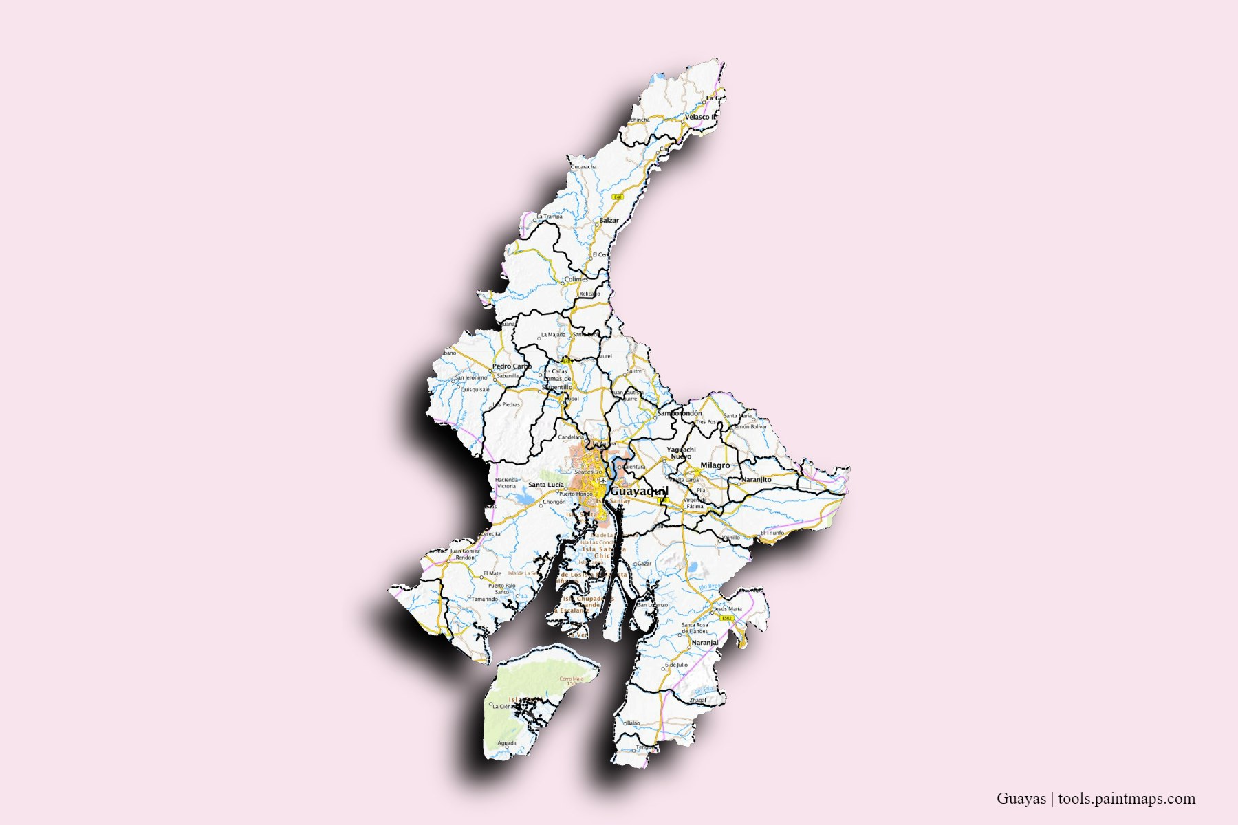 Guayas and counties map with 3D shadow effect