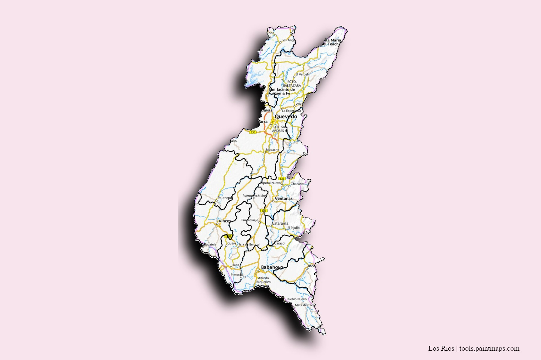 3D gölge efektli Los Rios Province ve ilçeleri haritası