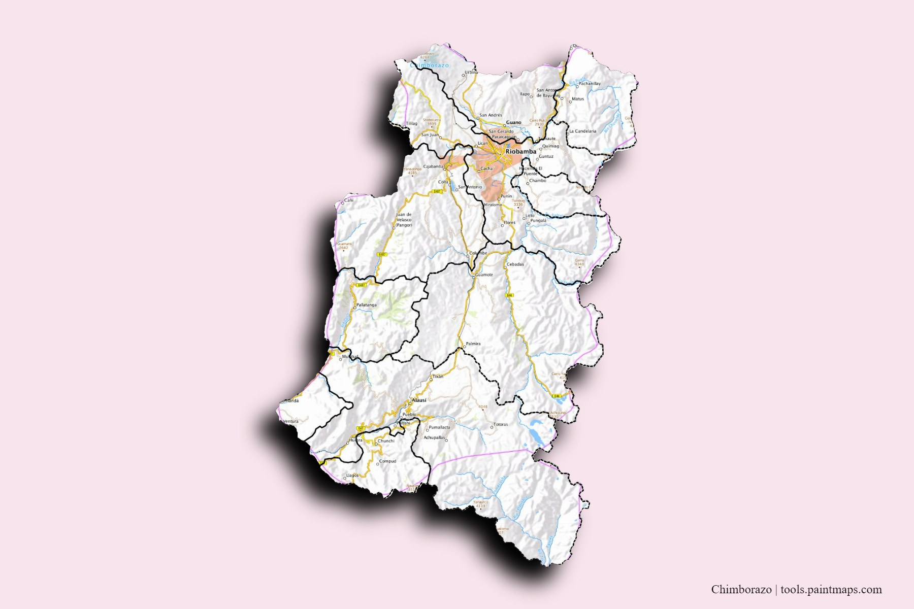 Mapa de Chimborazo y sus distritos con efecto de sombra 3D