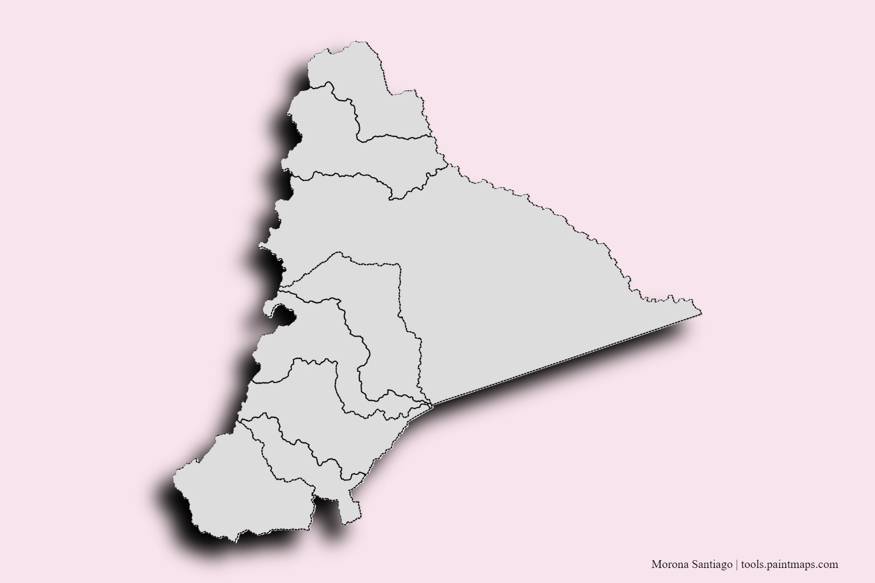 Morona Santiago and counties map with 3D shadow effect