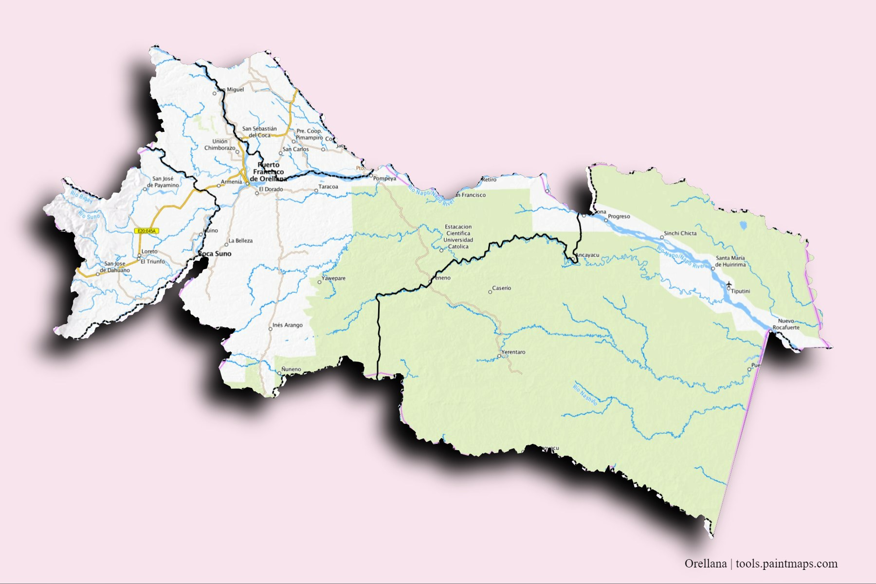 3D gölge efektli Orellana Province ve ilçeleri haritası