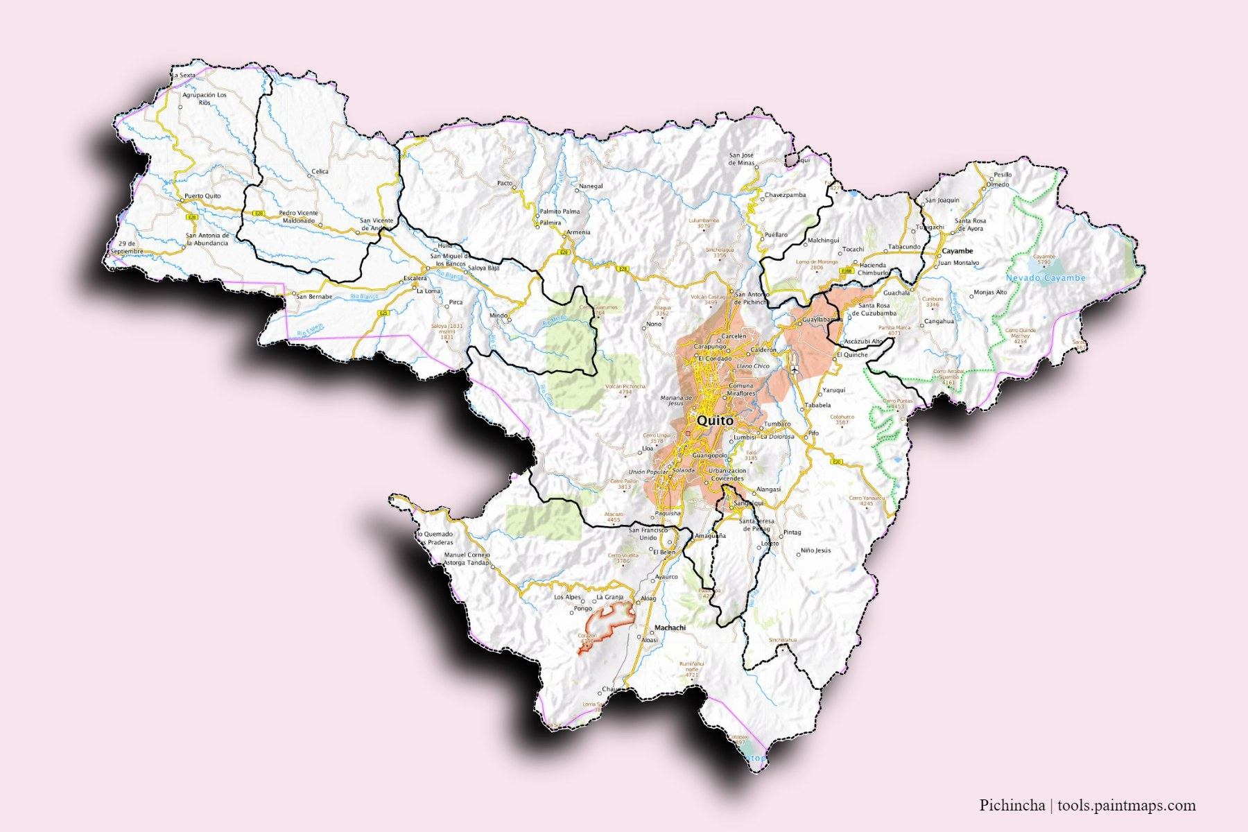 3D gölge efektli Pichincha ili ve ilçeleri haritası