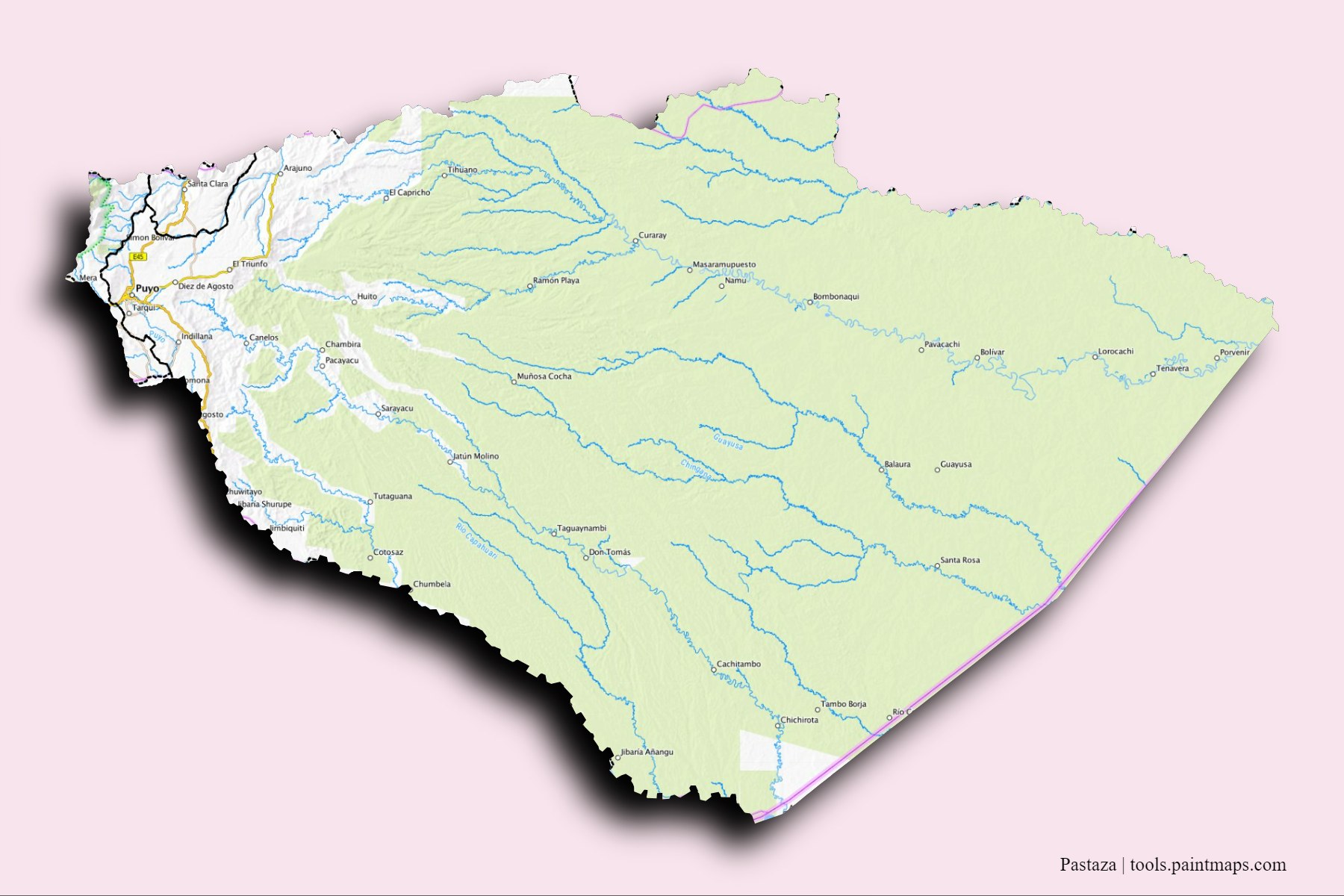 3D gölge efektli Pastaza Province ve ilçeleri haritası