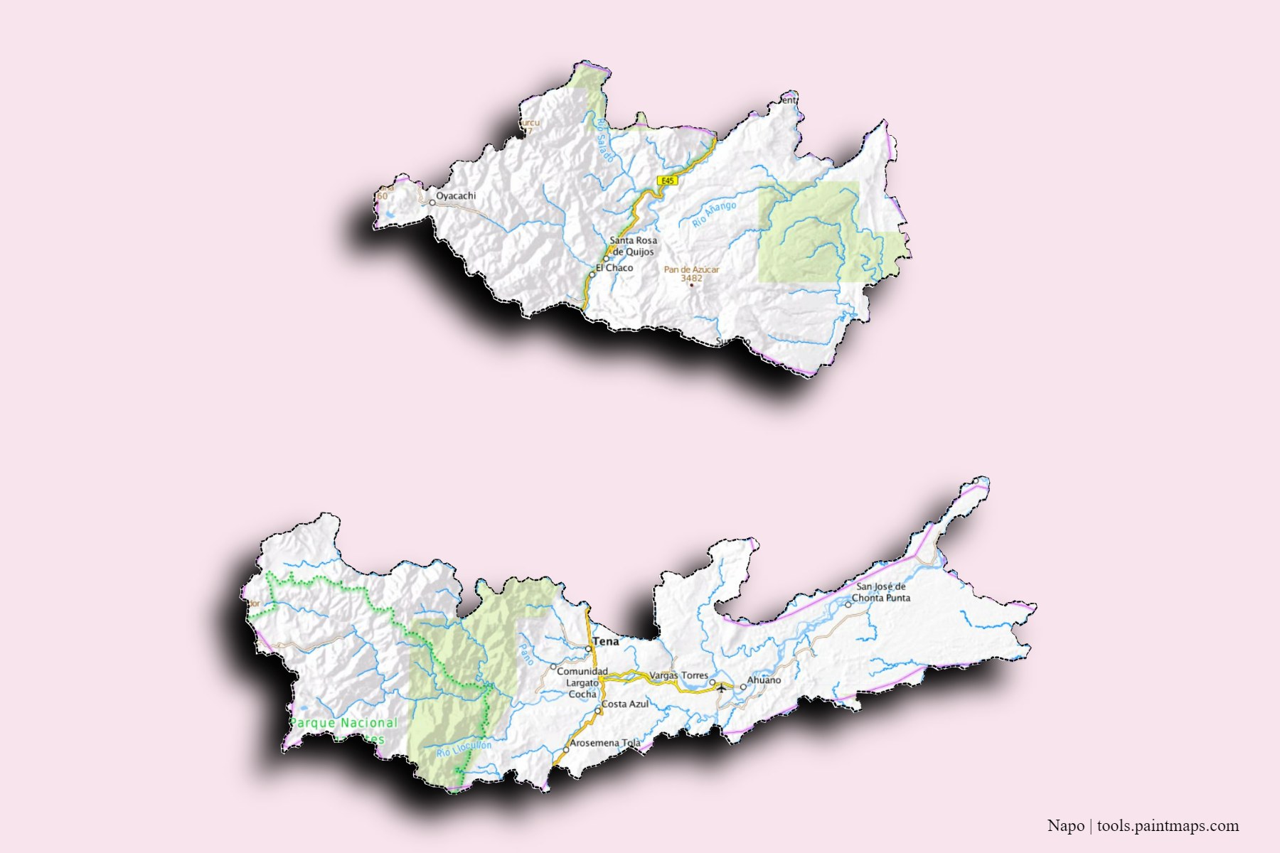 Napo and counties map with 3D shadow effect