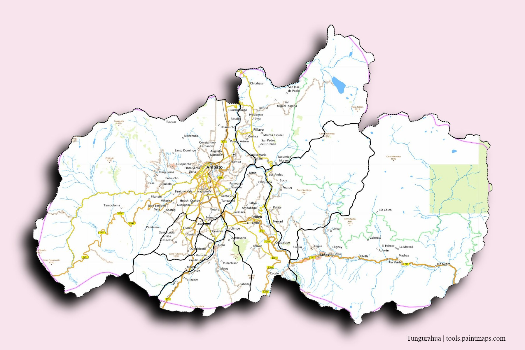 Tungurahua and counties map with 3D shadow effect