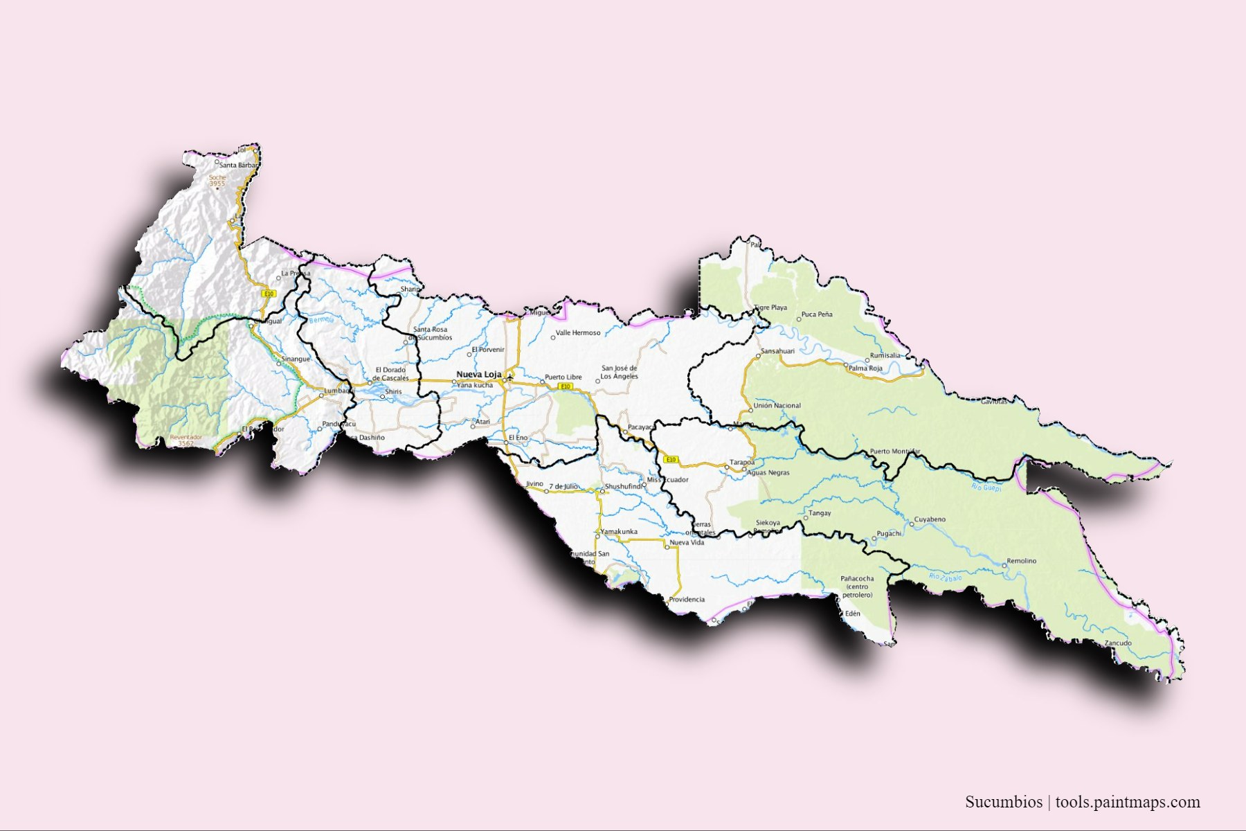 Sucumbios and counties map with 3D shadow effect