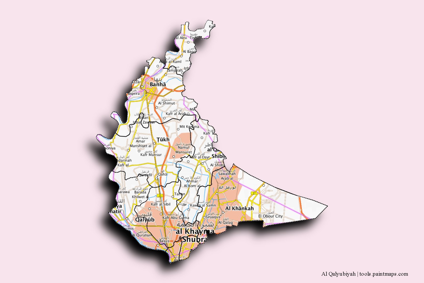 Qalubia and counties map with 3D shadow effect