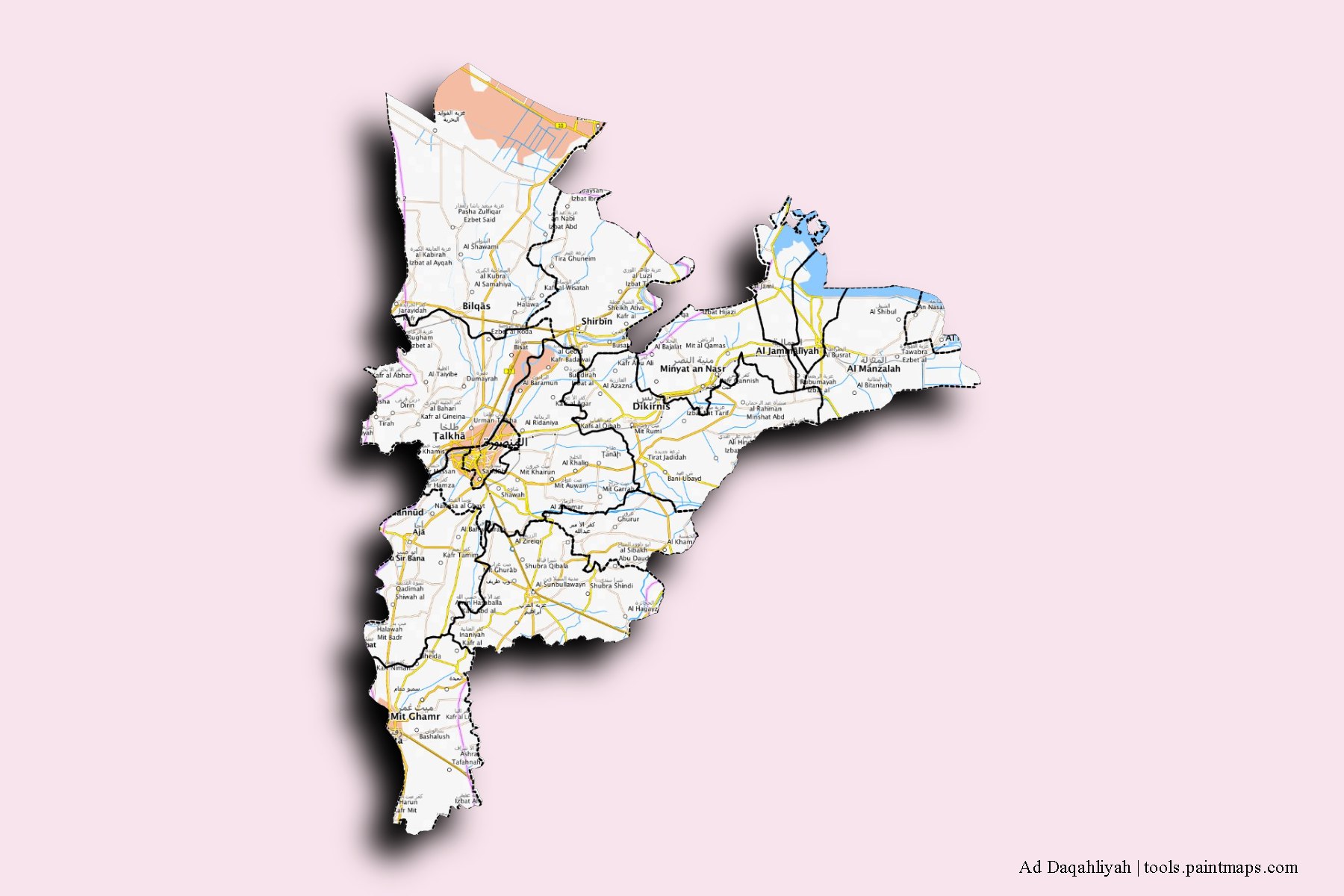 Mapa de Ad Daqahliyah y sus distritos con efecto de sombra 3D