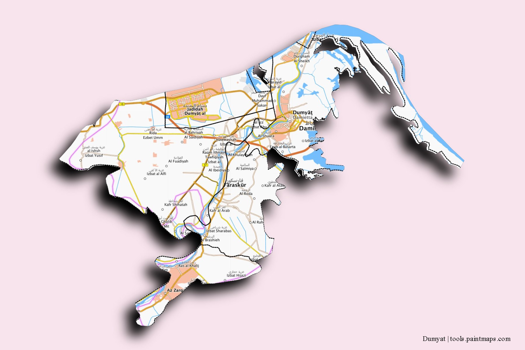 Mapa de Dumyat y sus distritos con efecto de sombra 3D