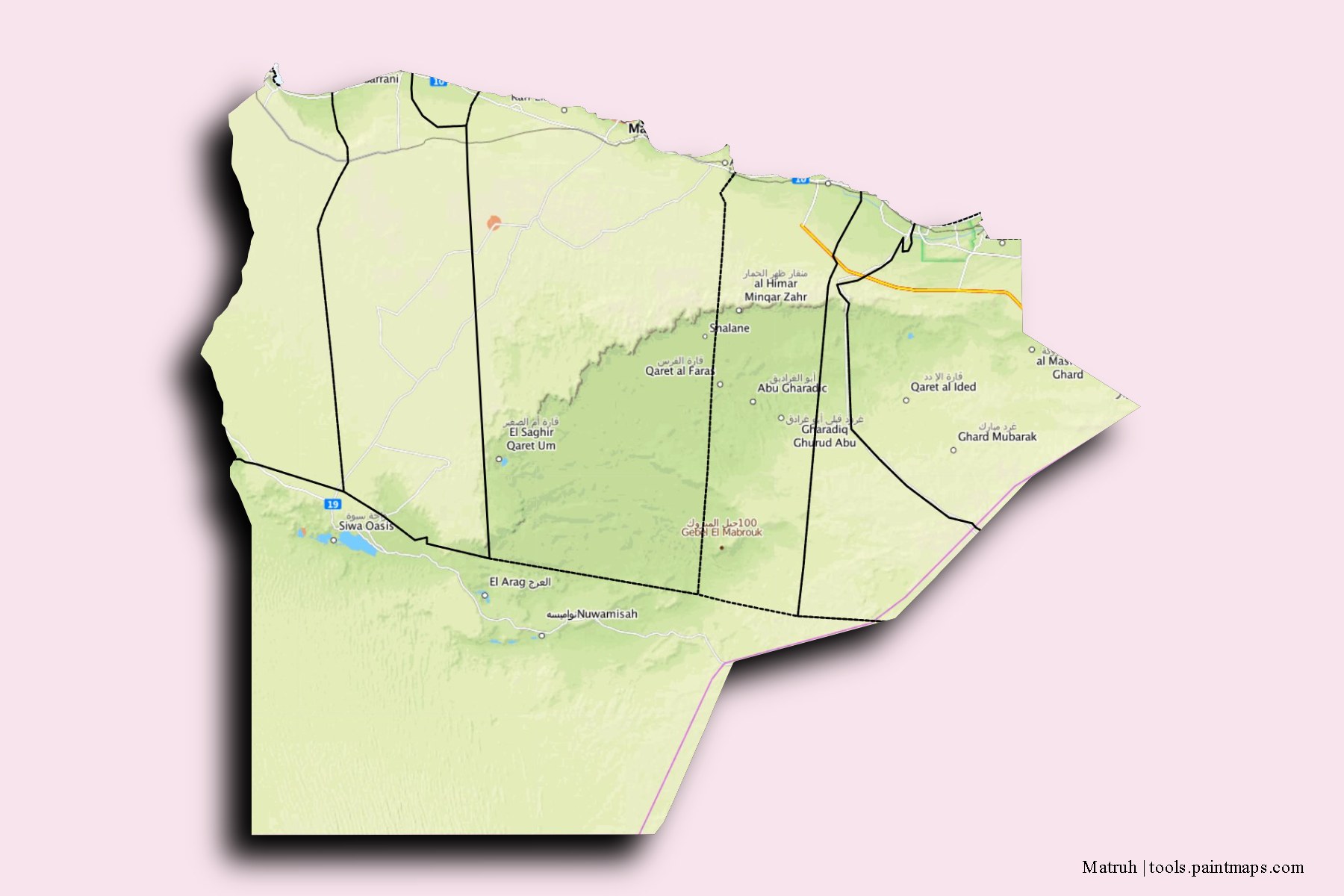 Mapa de Matruh y sus distritos con efecto de sombra 3D