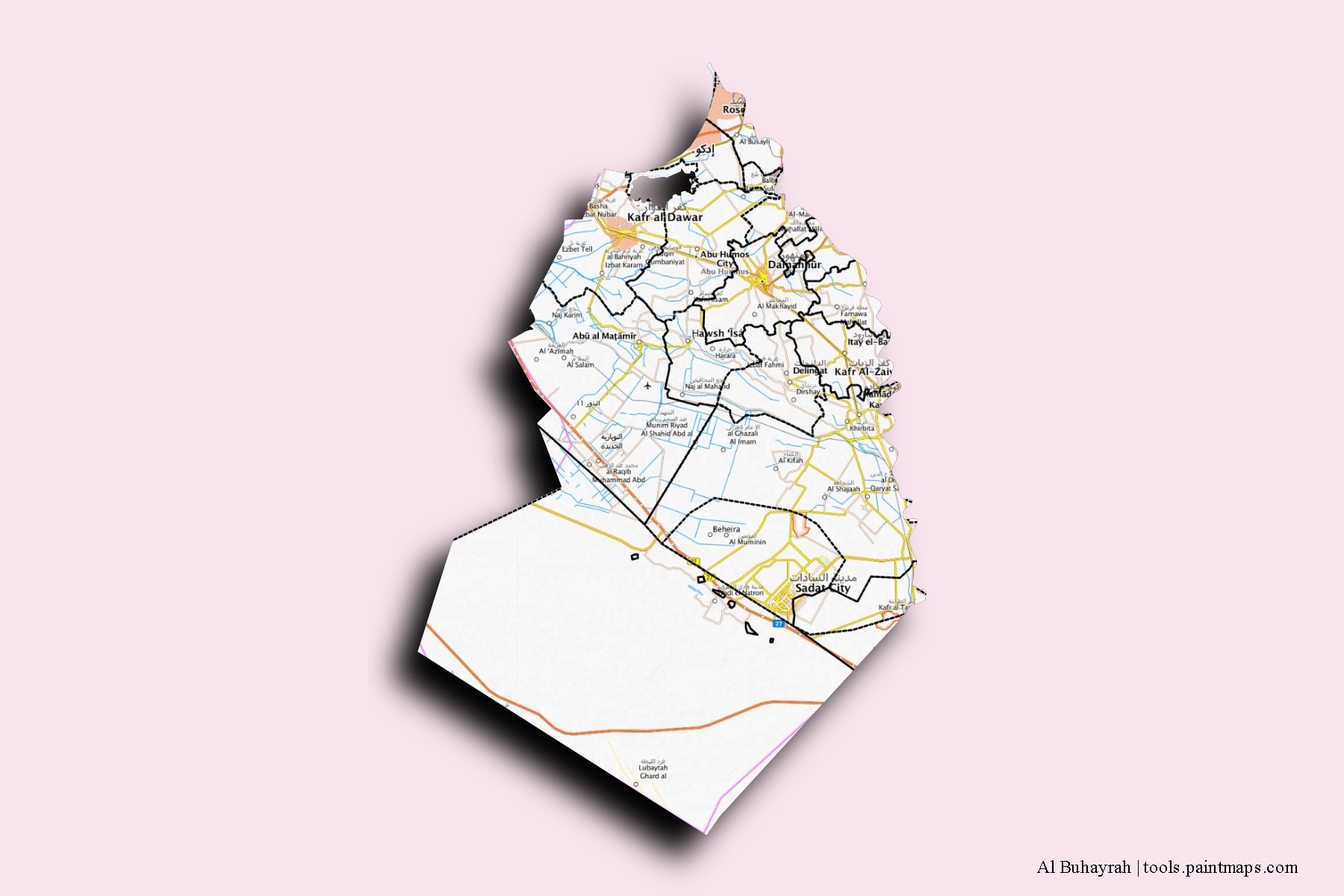 Mapa de Al Buhayrah y sus distritos con efecto de sombra 3D