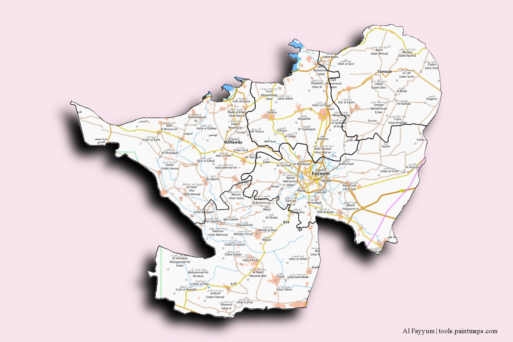 Mapa de Al Fayyum y sus distritos con efecto de sombra 3D