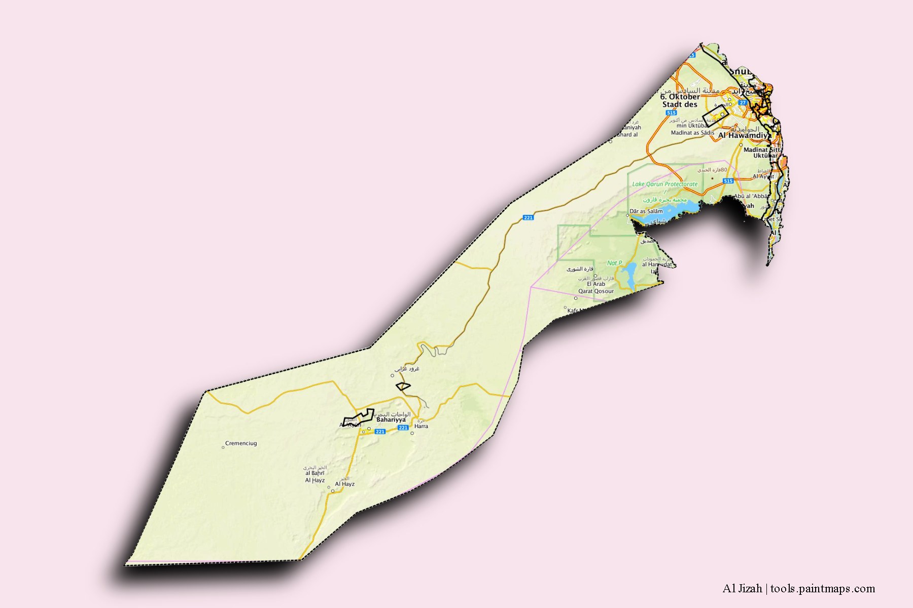 Mapa de Al Jizah y sus distritos con efecto de sombra 3D