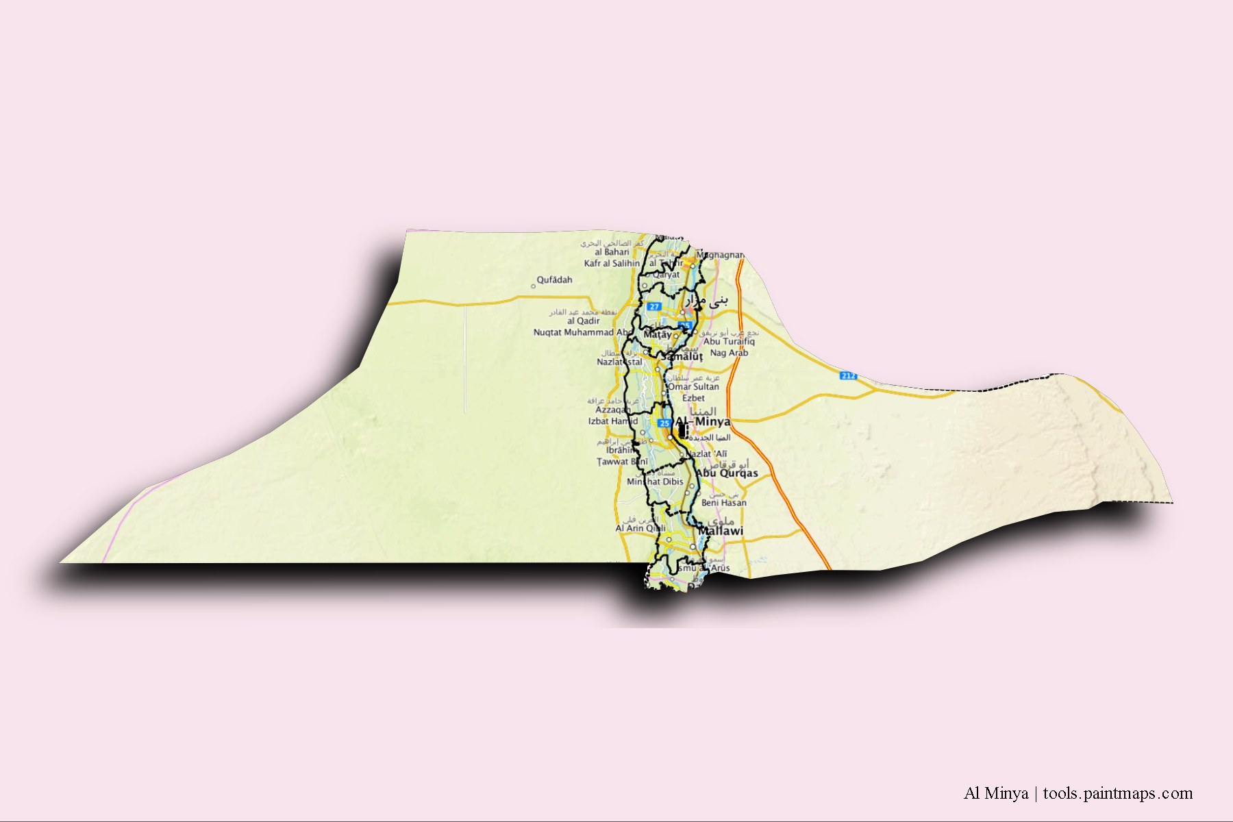 Mapa de Al Minya y sus distritos con efecto de sombra 3D