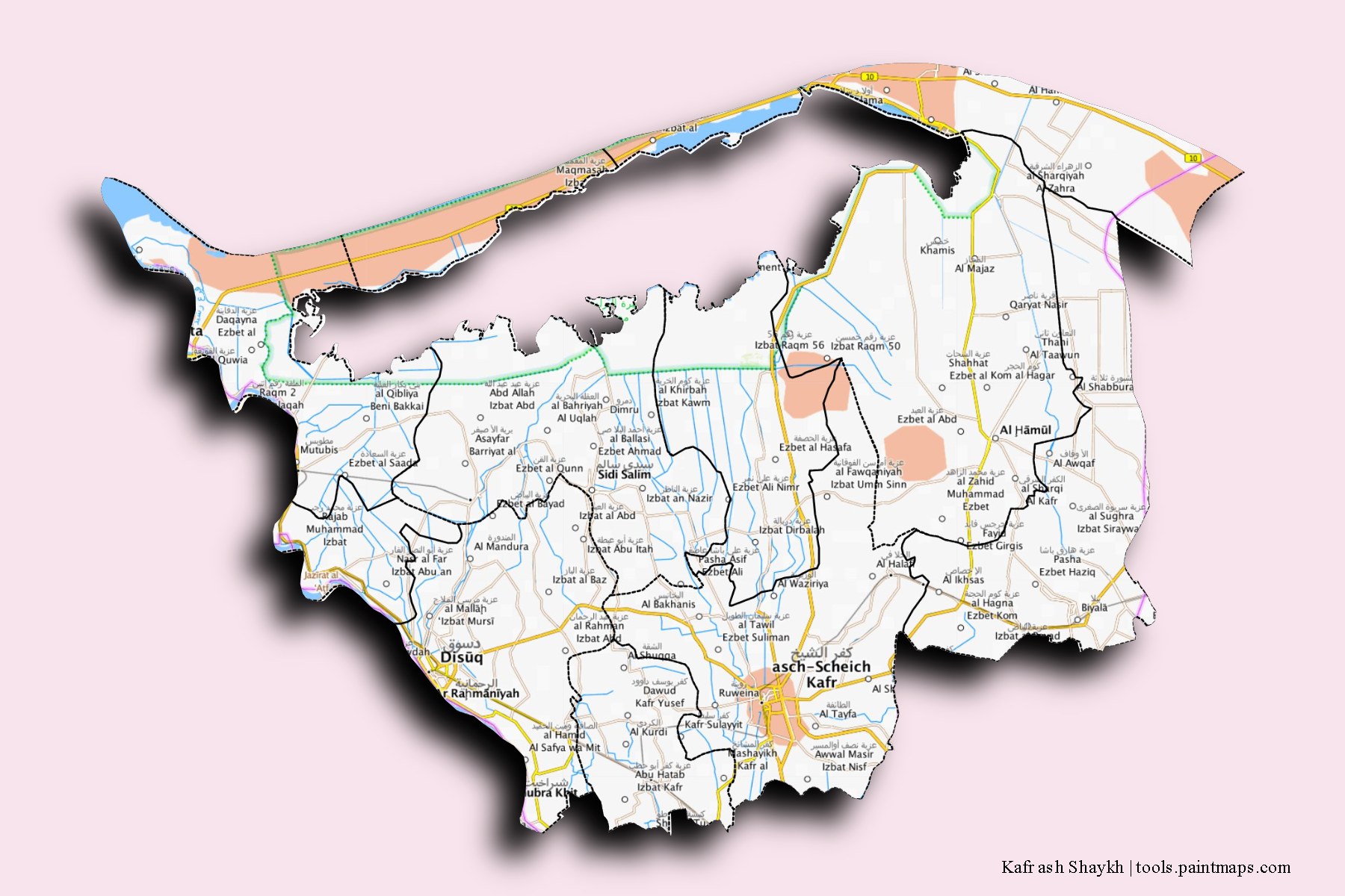 Mapa de Kafr ash Shaykh y sus distritos con efecto de sombra 3D