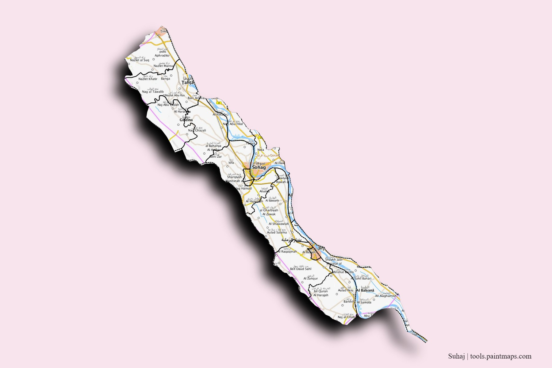 Mapa de Suhaj y sus distritos con efecto de sombra 3D