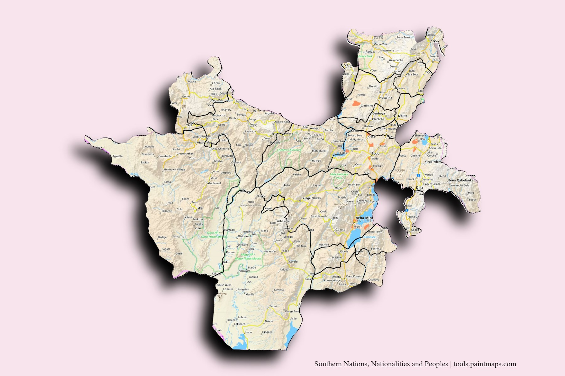 Mapa de Southern Nations, Nationalities and Peoples y sus distritos con efecto de sombra 3D