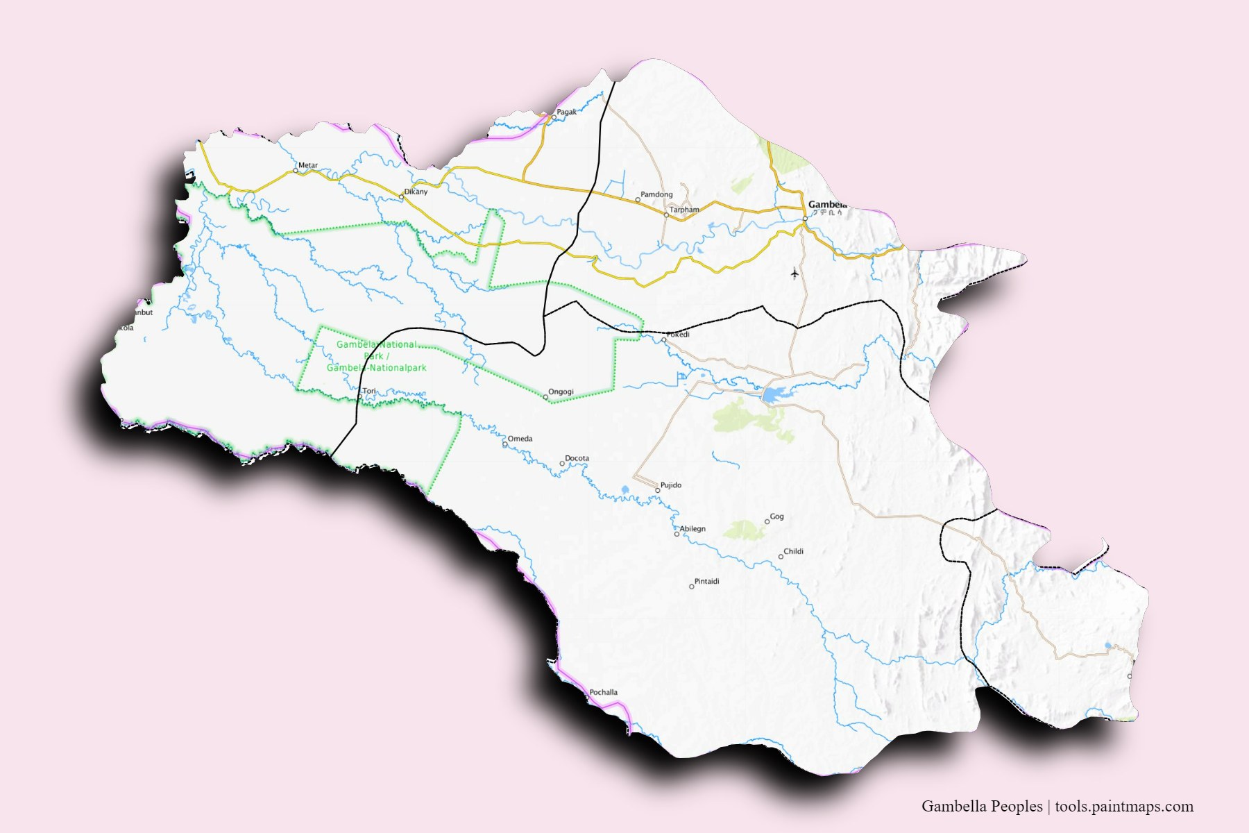 Mapa de Gambella Peoples y sus distritos con efecto de sombra 3D