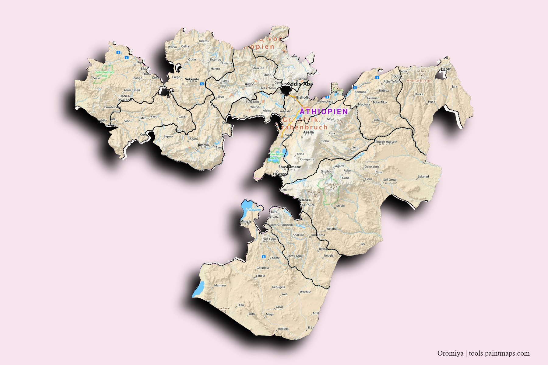 Mapa de Oromiya y sus distritos con efecto de sombra 3D