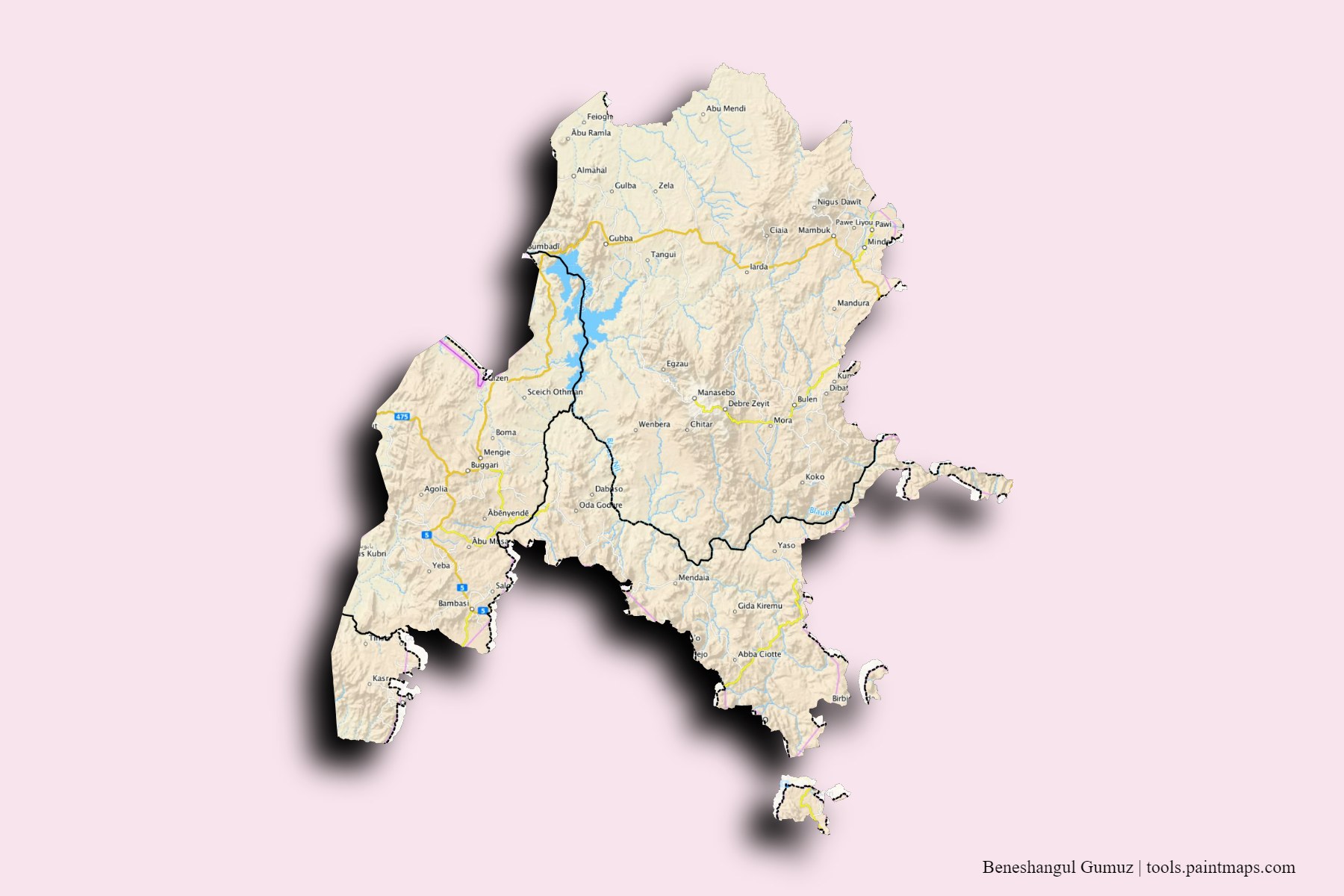 Benshangul-Gumaz and counties map with 3D shadow effect