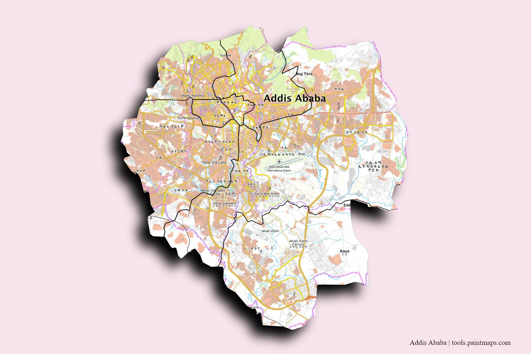 Addis Ababa and counties map with 3D shadow effect