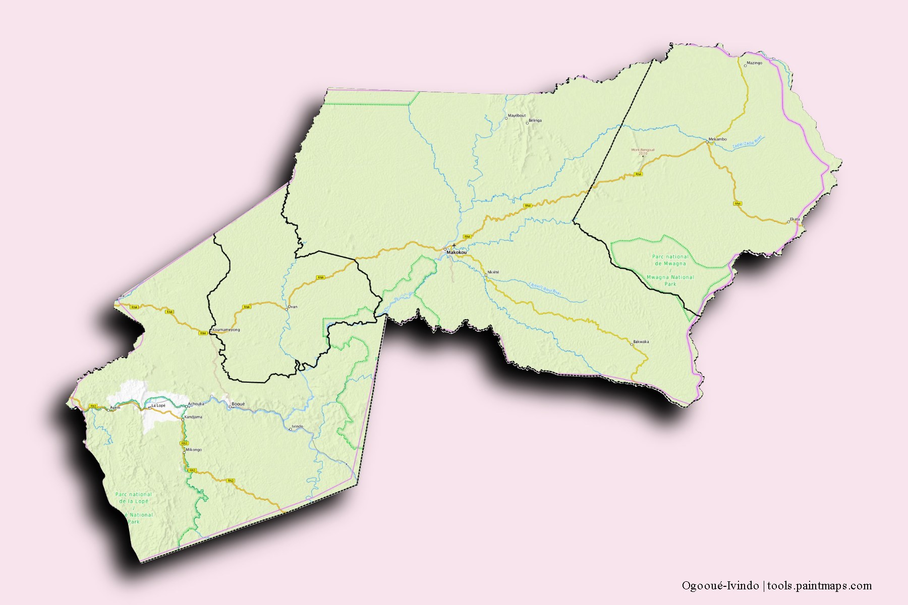 Ogooué-Ivindo Province and counties map with 3D shadow effect