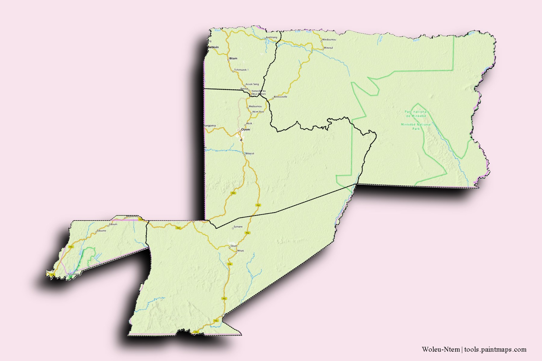 Mapa de Woleu-Ntem y sus distritos con efecto de sombra 3D