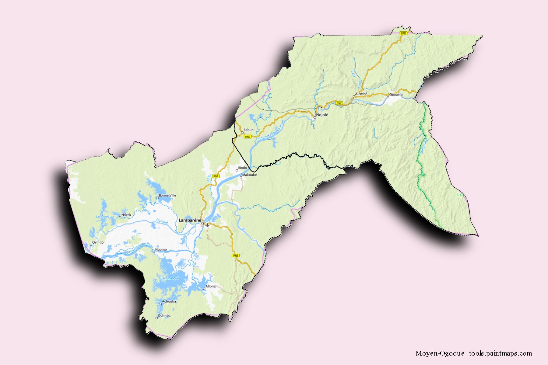 Moyen-Ogooué Province and counties map with 3D shadow effect