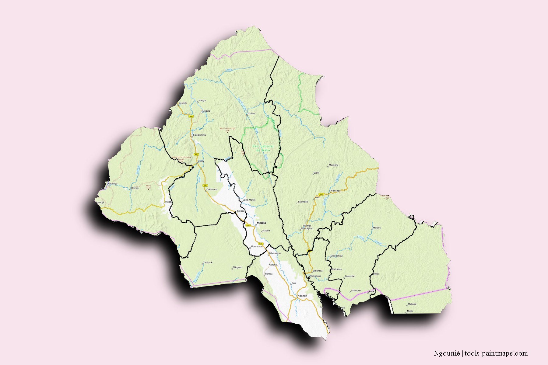 Mapa de Ngounié y sus distritos con efecto de sombra 3D