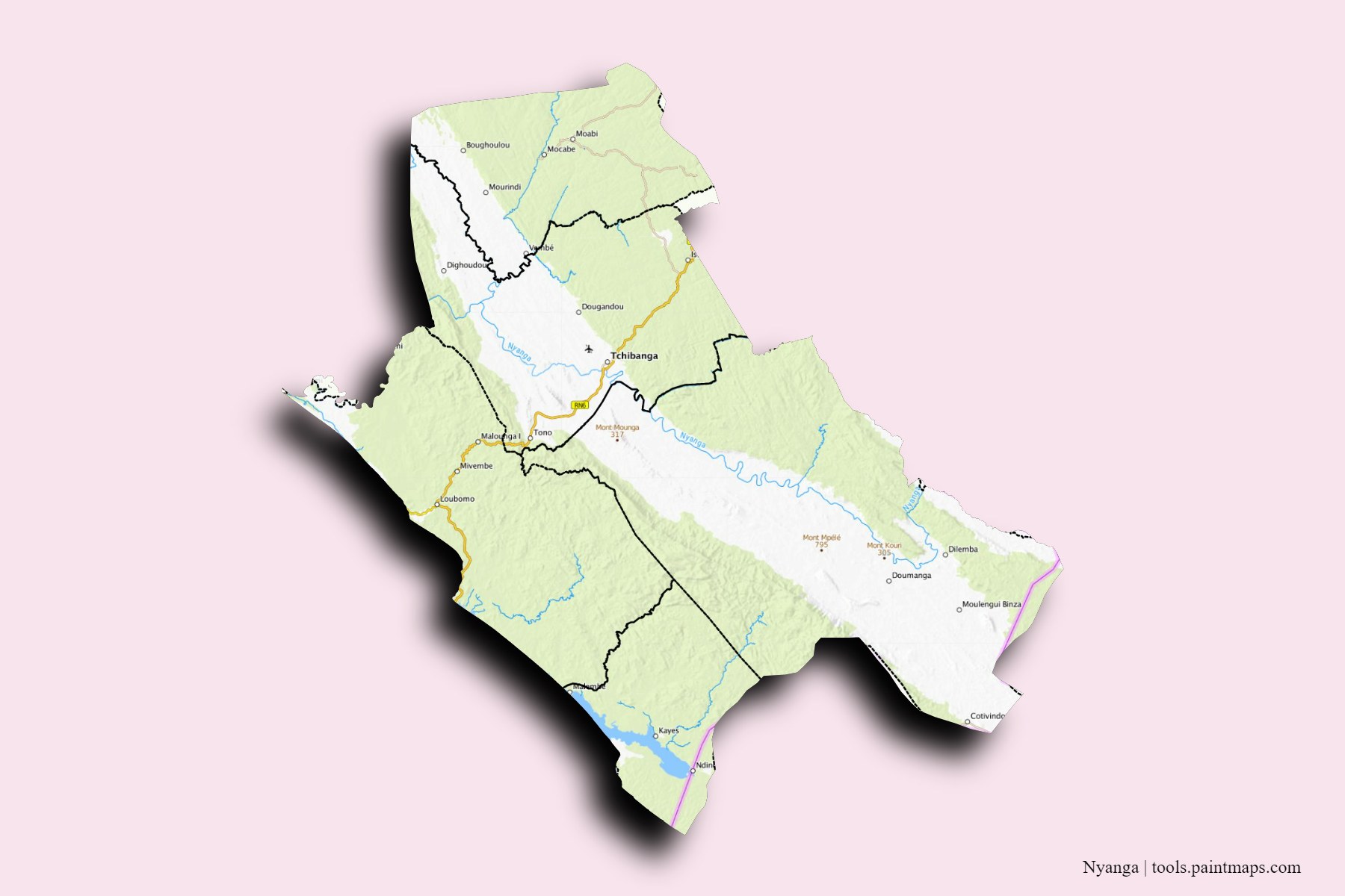 Mapa de Nyanga y sus distritos con efecto de sombra 3D